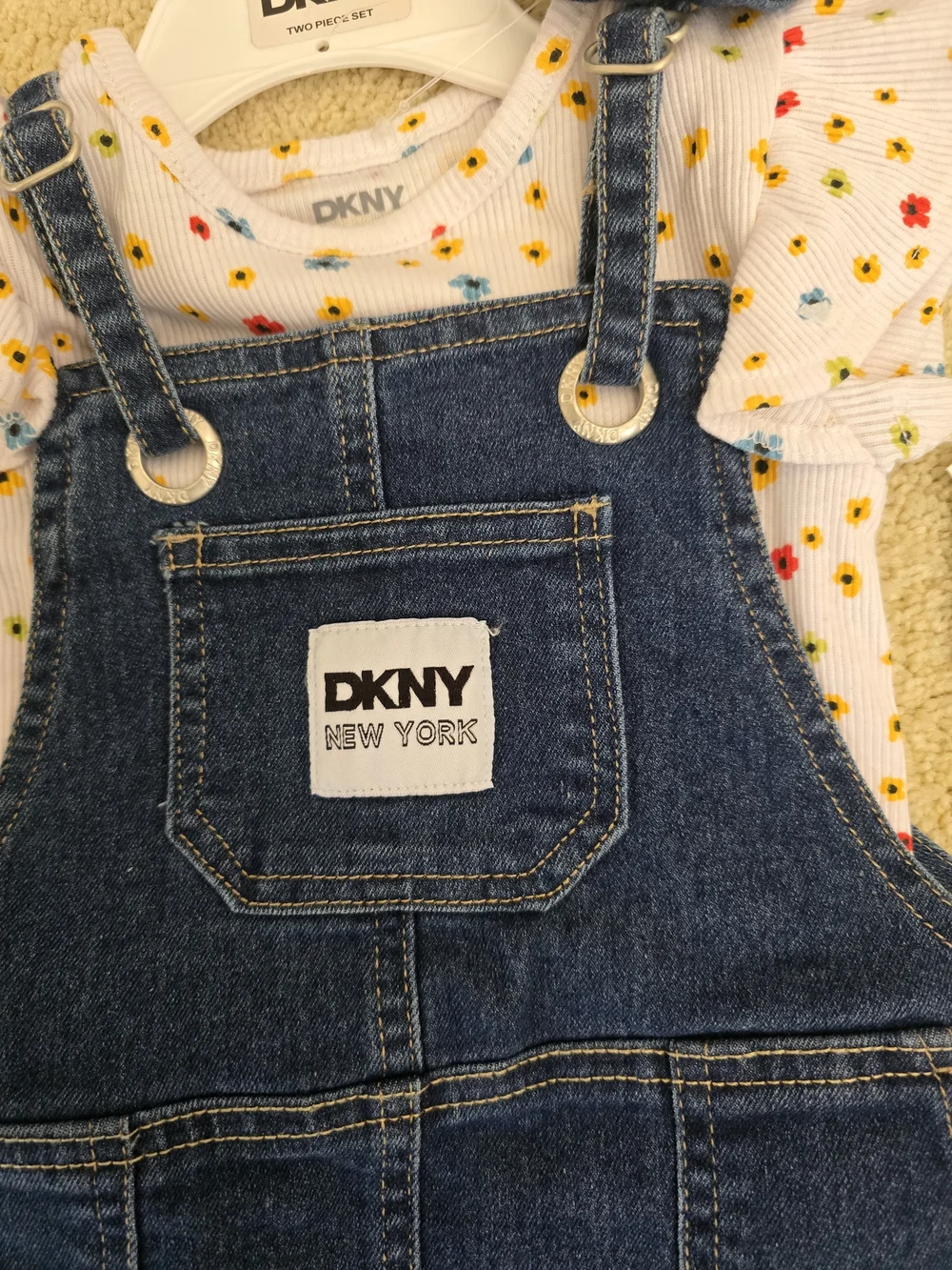 DKNY Dark Blue Denim Overall Dress with Floral Tee Shirt And Head Band Set